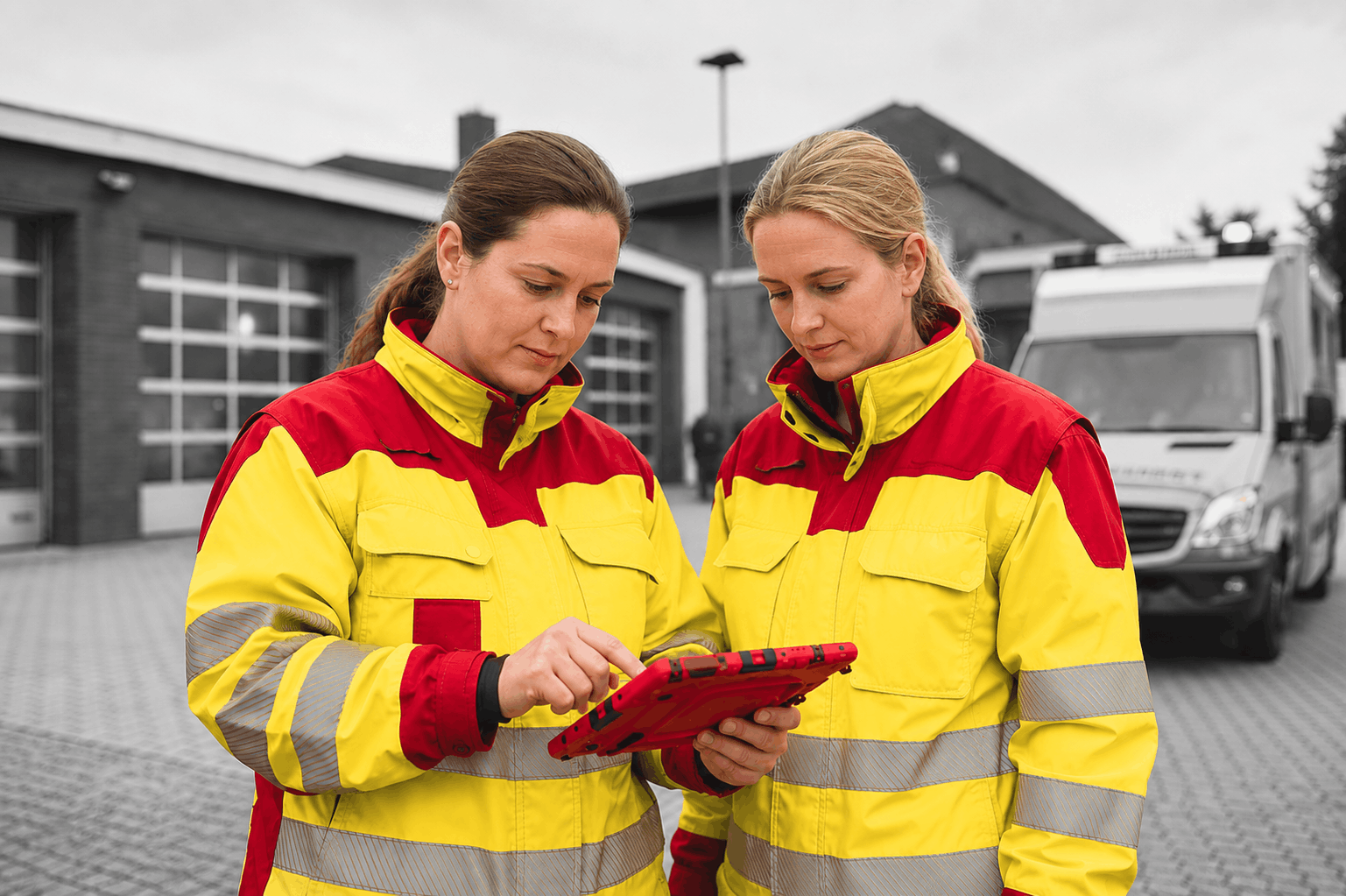 Zwei Mitarbeiterinnen des Rettungsdienstes bedienen docYou med auf einem iPad in roter Schutzhülle